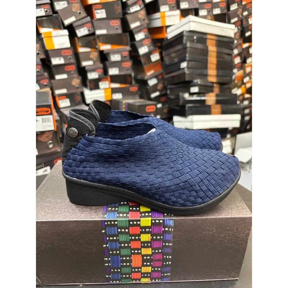 Bernie Mev Gem Yael Navy Woven Elastic Wedge Shoes Size 37 US 6-6.5 NEW